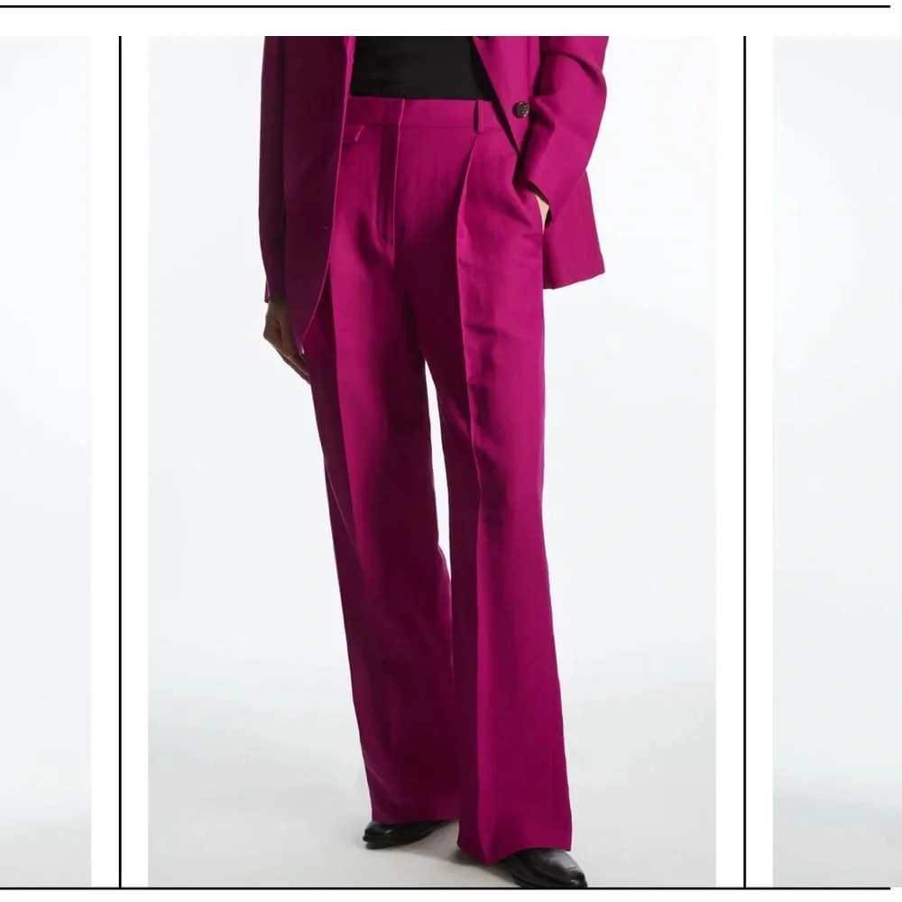 COS Bright Magenta Trousers Wide Leg - Adjustable Waist -Pockets 2 Linen Blend